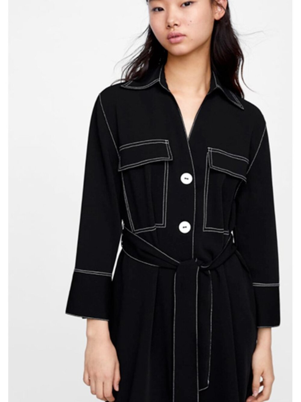 Zara Black White Contrast Stitch Belted Utility Shirt Dress M